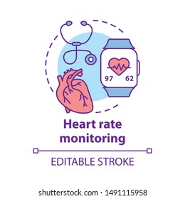 Heart rate control concept icon. Cardiological health monitoring idea thin line illustration. Stethoscope, equipment for heartbeat, pulse check. Vector isolated outline drawing. Editable stroke
