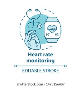 Heart rate control gadget concept icon. Cardiological health monitoring idea thin line illustration. Stethoscope, smartwatch for heartbeat check. Vector isolated outline drawing. Editable stroke