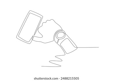 The heart rate detection watch is connected to the smartphone. Medical technology concept one-line drawing