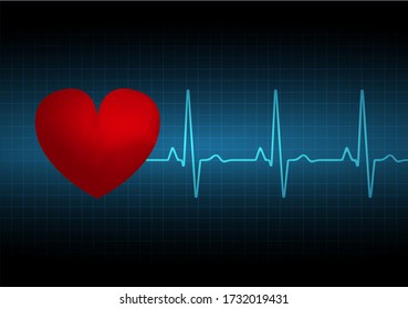Heart rate graph. Heart beat. Ekg icon wave. Turquoise color. Red heart at the beginning of the cardiogram. Stock vector illustration.
