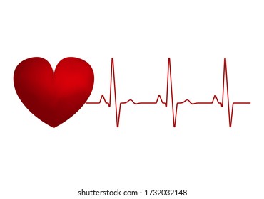 Heart rate graph. Heart beat line. Ekg icon wave. Red color. Red heart at the beginning of the cardiogram. Sound wave line. Medical design. Stock vector illustration.