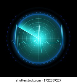 Heart rate graph on military search system, navy sonar. Air search. Abstract blue radar with ekg wave on the monitor in search. Heart beat. Stock vector illustration on black background. 