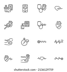 Heart rate, heartbeat line icons set, cardiology outline vector symbol collection, linear style pictogram pack. Signs, logo illustration. Set includes icons as stethoscope, electrocardiogram, Ecg