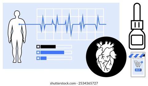 Ritmo cardíaco con figura humana, gráficos y corazón. Barras y datos muestran el progreso médico. Ideal para atención médica, cardiología, dispositivos médicos, telemedicina y App de la salud. Estilo de diseño plano simple