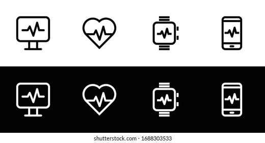 Heart rate icon set. Flat design icon collection isolated on black and white background. 