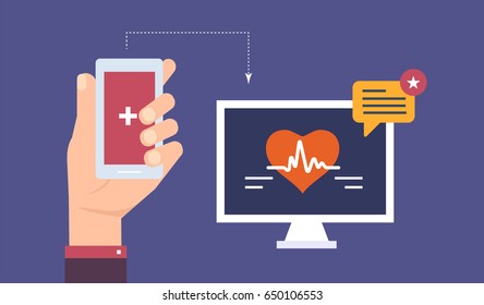 Heart rate indicator on the mobile phone screen, current activity and the body pulse counter, health health indicators as an application on the mobile phone. Illustration isolated in cartoon style.