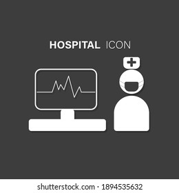 Heart rate meter line and nurse icon. Cardiogram medical machine line icon and nurse wearing medical mask icon.