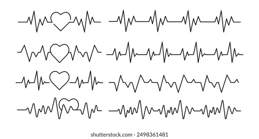 Heart rate monitor line set. Hearts with pulse beat. Vector illustration.