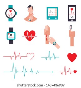  Heart rate monitor for running. Set of icons in a flat style. Pulse measurement vector illustration. Red heartbeat icon.  Flat style vector illustration. Measurement of the pulse on the neck.