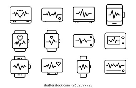 Heart rate monitor vector illustrations depicting medical devices and wearable technology ecg waves