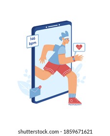 Heart rate monitoring app concept. A boy with a smart watch on his hand runs against the background of a huge smartphone. Vector illustration