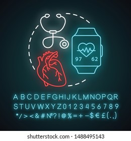 Heart rate monitoring neon light concept icon. Cardiological health control idea. Stethoscope, equipment for pulse check. Glowing sign with alphabet, numbers and symbols. Vector isolated illustration