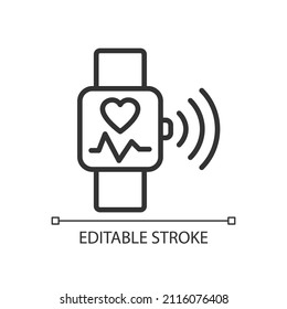 Icono lineal perfecto para la monitorización de píxeles con frecuencia cardíaca. Control de pulsos en la aplicación de reloj inteligente. Internet de las cosas. Ilustración de línea delgada. Símbolo de contorno. Dibujo del contorno del vector. Trazo editable. Tipo de letra arial utilizado
