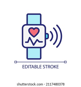 Icono de color RGB perfecto para la monitorización de la velocidad del corazón. Control de pulsos en la aplicación de reloj inteligente. Internet de las cosas. Ilustración vectorial aislada. Dibujo de línea simple relleno. Trazo editable. Tipo de letra arial utilizado