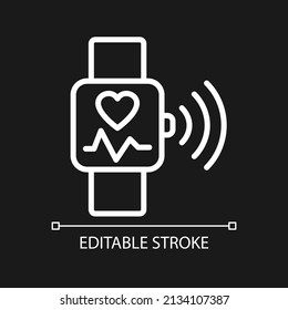 Heart Rate Monitoring Pixel Perfect White Linear Icon For Dark Theme. Pulse Control On Smart Watch App. Thin Line Illustration. Isolated Symbol For Night Mode. Editable Stroke. Arial Font Used