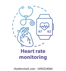 Heart rate monitoring tools concept icon. Cardiological health control idea thin line illustration. Stethoscope, smartwatch with pulse check option. Vector isolated outline drawing. Editable stroke