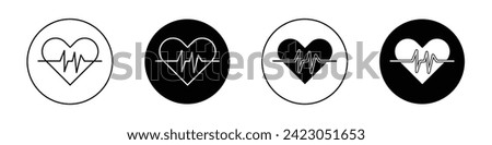 Heart Rate Pulse Icon Set. Blood Health and Beat Rate Vector symbol in a black filled and outlined style. Cardio Monitoring Sign
