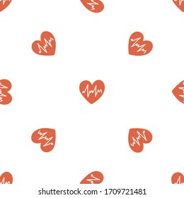 Heart rate seamless pattern on white background. Heartbeat sign. Heart pulse concept in vector.