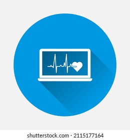 Heart rate and sick leave icon on blue background. Flat image with long shadow.