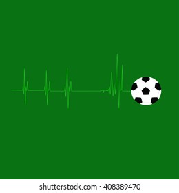  Heart rate signal and football in green fields background, vector illustration.