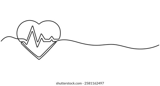 Heart Rate Single Line Icon, Heartbeat Continuous Line Art Illustration, Continuous one line heart pulse symbol drawing. Healthy medicine icon in simple linear doodle style pro vector illustration.