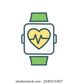 Heart rate smartwatch icon. Health monitoring wearable technology.  Fitness tracker displaying heart beat.  Represents wellness.