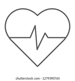 Heart rate thin line icon, medical and pulse, heartbeat sign, vector graphics, a linear pattern on a white background, eps 10.