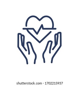 Heart rate thin line icon. Hands protecting heart health isolated outline sign. Healthcare and medical insurance concept. Vector illustration symbol element for web design and apps