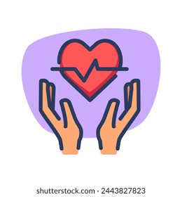 Heart rate thin line icon. Hands protecting heart health. Healthcare and medical insurance concept. Vector illustration symbol element for web design and apps