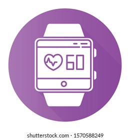 Heart rate tracking smartwatch function purple flat design long shadow glyph icon. Indicators of health. Measurement of heart beats. Fitness wristband. Vector silhouette illustration