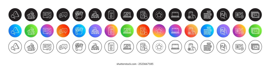 Heart rating, Happy emotion and Buying house line icons. Round icon gradient buttons. Pack of Search app, Notebook, Attention icon. Star, Reject book, Loan house pictogram. Vector