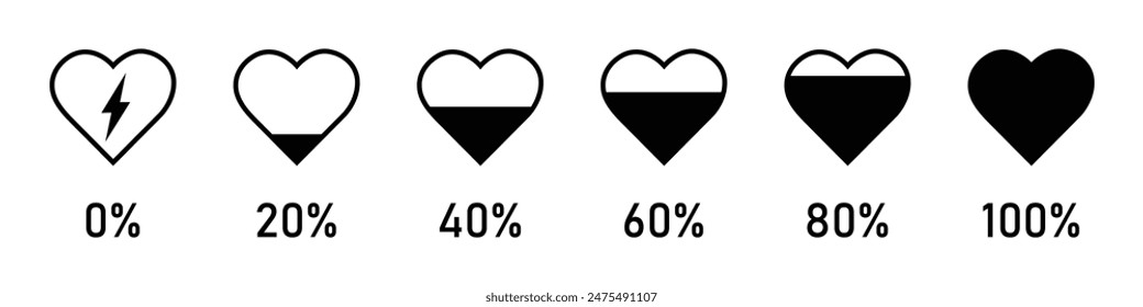 Heart rating, Love meter or gauge icon for valentine day card. The illustration of love meter. black color. 0 to 100 percent heart rating level vector icon set.