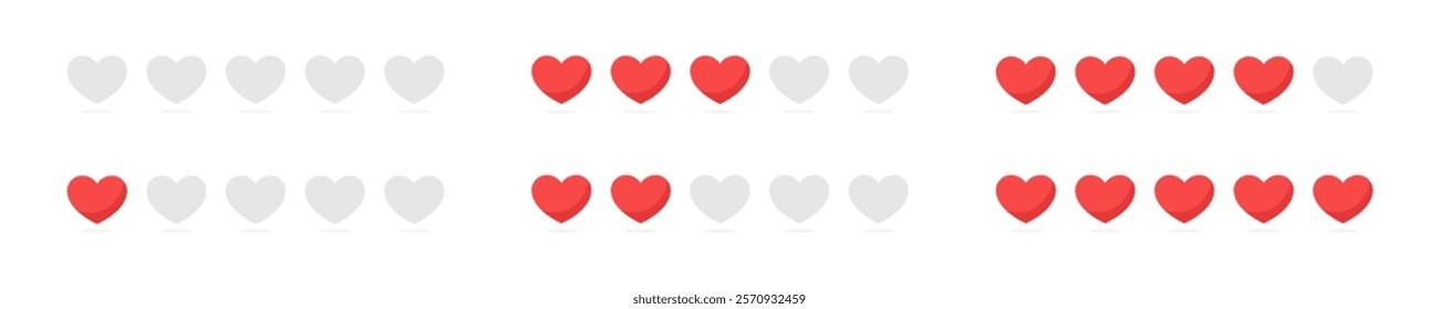 Heart Rating System with Red and Gray Hearts Vector Set