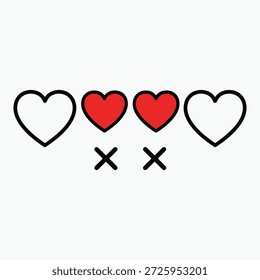 Sistema de calificación cardíaca con dos corazones rojos y dos corazones delineados