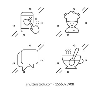 Heart rating, Talk bubble and Cooking chef line icons set. Tea cup sign. Phone feedback, Chat message, Sous-chef. Coffee with spoon. Business set. Line heart rating outline icon. Vector