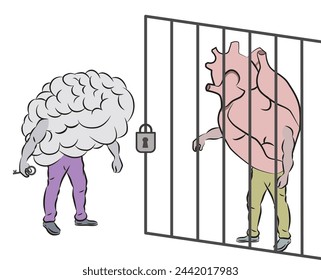 Heart and rational mind. The mind closed the heart behind bars. Emotions under lock and key. EPS 10.