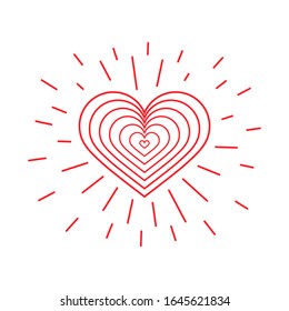 Heart and rays. Creative design concept for valentines day, mothers day, greeting cards for woman s day, declaration of love or logo. Isolated red icon on a white background.