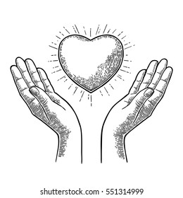 Heart with rays in open female human palms. Vector black vintage engraving illustration isolated on a white background.  For poster Valentine's Day.