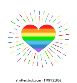 Heart with rays rainbow colors. Colored vector illustration of striped heart isolated on white background. Ideas for holiday designs, greeting cards, holiday prints, designer packaging, icon, logo.