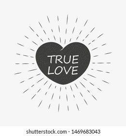 Heart with rays and text with a grazh texture. Black and white illustration on the theme of love and romance