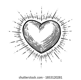 Heart with rays. Vector black vintage engraving illustration isolated on a white background. For web, poster, info graphic.