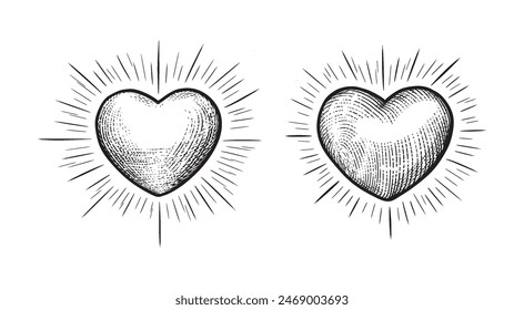 Corazón con rayos. Ilustración de grabado vintage negro de Vector aislado sobre un fondo blanco. Para Web, póster, infografía.