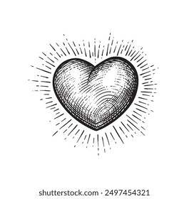 Heart with rays. Vector black vintage engraving illustration isolated on a white background. For web, poster, info graphic.