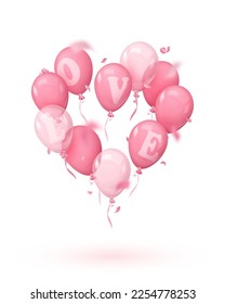 Heart of realistic pink balloons, ribbons and serpentine, confetti with letters LOVE. Vector illustration for Valentine's Day, card, party, design, flyer, poster, decor, banner, web, advertising. 