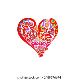 Heart red abstract shape for t-shirt print with hippie symbolic, flower-power and funny eyes