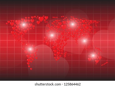 Heart red background map of the world