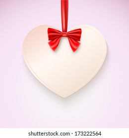 Heart with red bow hanging not tape, greetings card, banner for your creativity