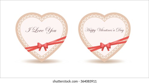 Heart with red bow, ribbons, lace, shadow and text I love You and Happy Valentineâ??s Day isolated on white background
