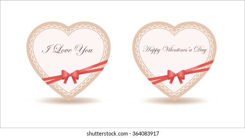 Heart with red bow, ribbons, lace, shadow and text I love You and Happy Valentineâ??s Day isolated on white background