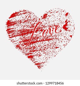 Heart of red color shape design for love symbol created with texture in handmade watercolor technique. Love. Valentine's day. Graphic element in technique vector illustration. Grunge style.